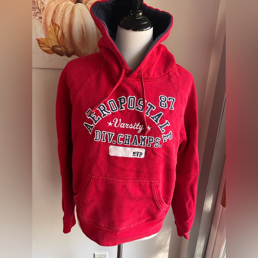 Red Vintage Aeropostale Hoodie Tomboy cut Sz Lrg “varsity division champs 1987”